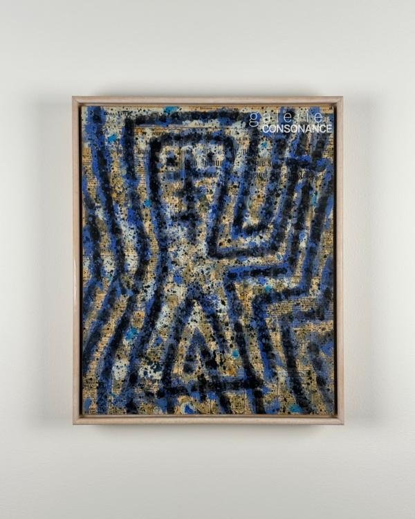 « Orphée » d’Alfred Angeletti (1919-1991), encre et acrylique sur papier journal marouflé sur bois, réalisée en 1964, 46,5 x 38 cm, présentée encadrée.