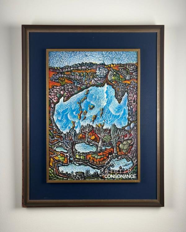 Paysage d’Aristide Caillaud (1902-1990), acrylique sur toile, réalisée en 1979, 54,5 x 37,5 cm, présentée encadrée.