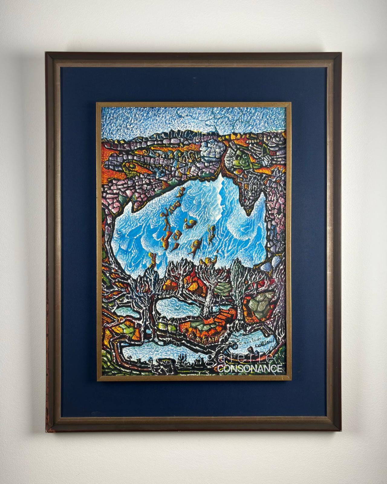 Paysage d’Aristide Caillaud (1902-1990), acrylique sur toile, réalisée en 1979, 54,5 x 37,5 cm, présentée encadrée.