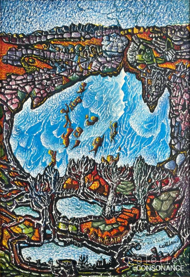 Paysage d’Aristide Caillaud (1902-1990), acrylique sur toile, réalisée en 1979, 54,5 x 37,5 cm.