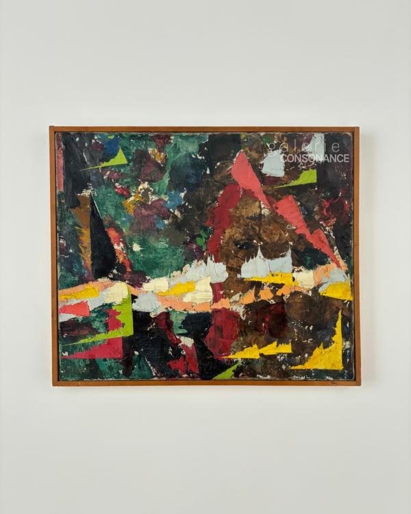 Peinture « Sous-bois » de Charlotte Henschel (1892-1985), huile sur toile, réalisée en 1955, 46 x 55 cm, présentée encadrée.