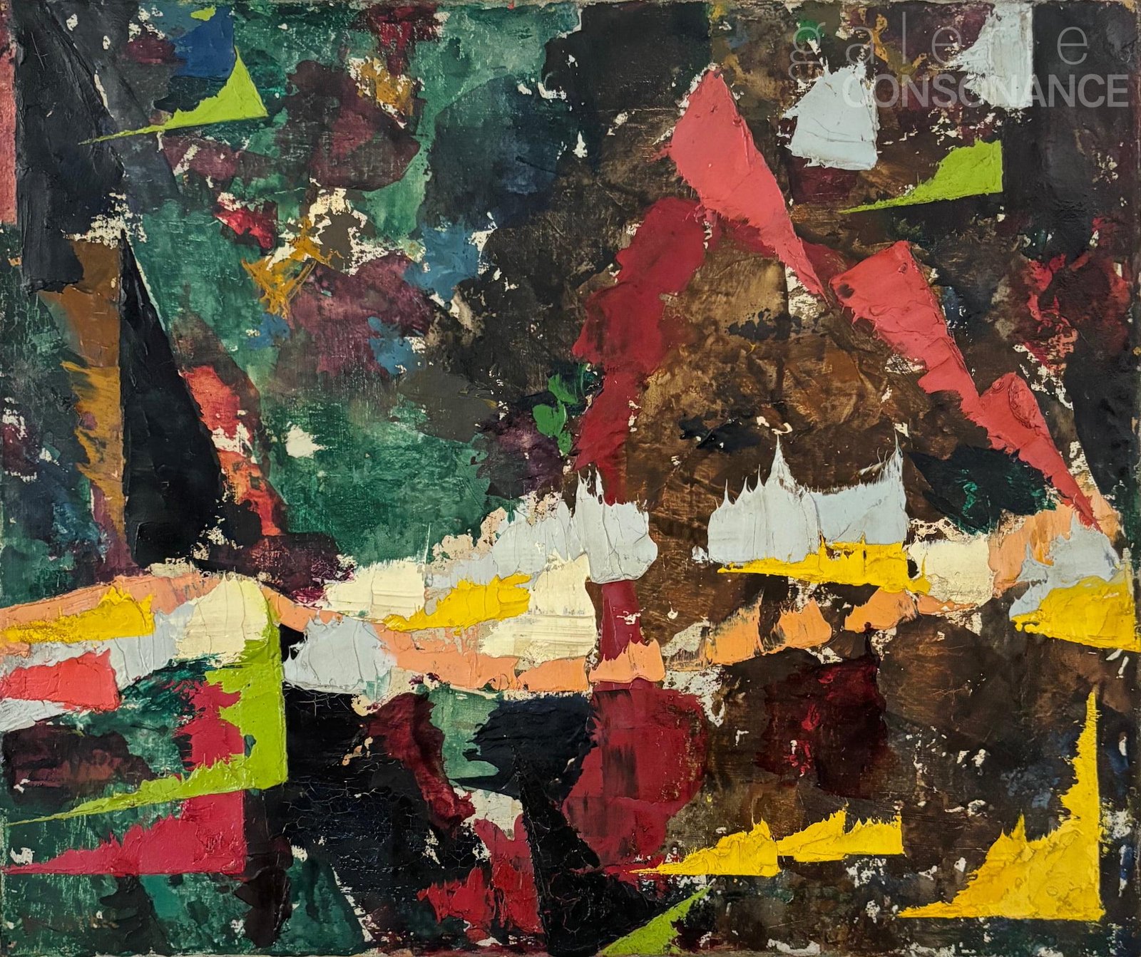Peinture « Sous-bois » de Charlotte Henschel (1892-1985), huile sur toile, réalisée en 1955, 46 x 55 cm.