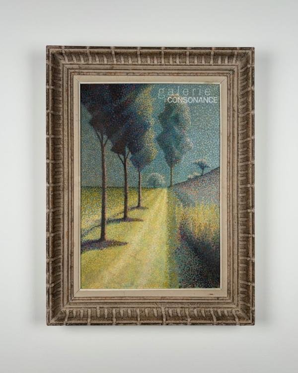 Paysage de l’école pointilliste du XXe siècle, huile sur toile, 54,5 x 38,5 cm, présentée encadrée.