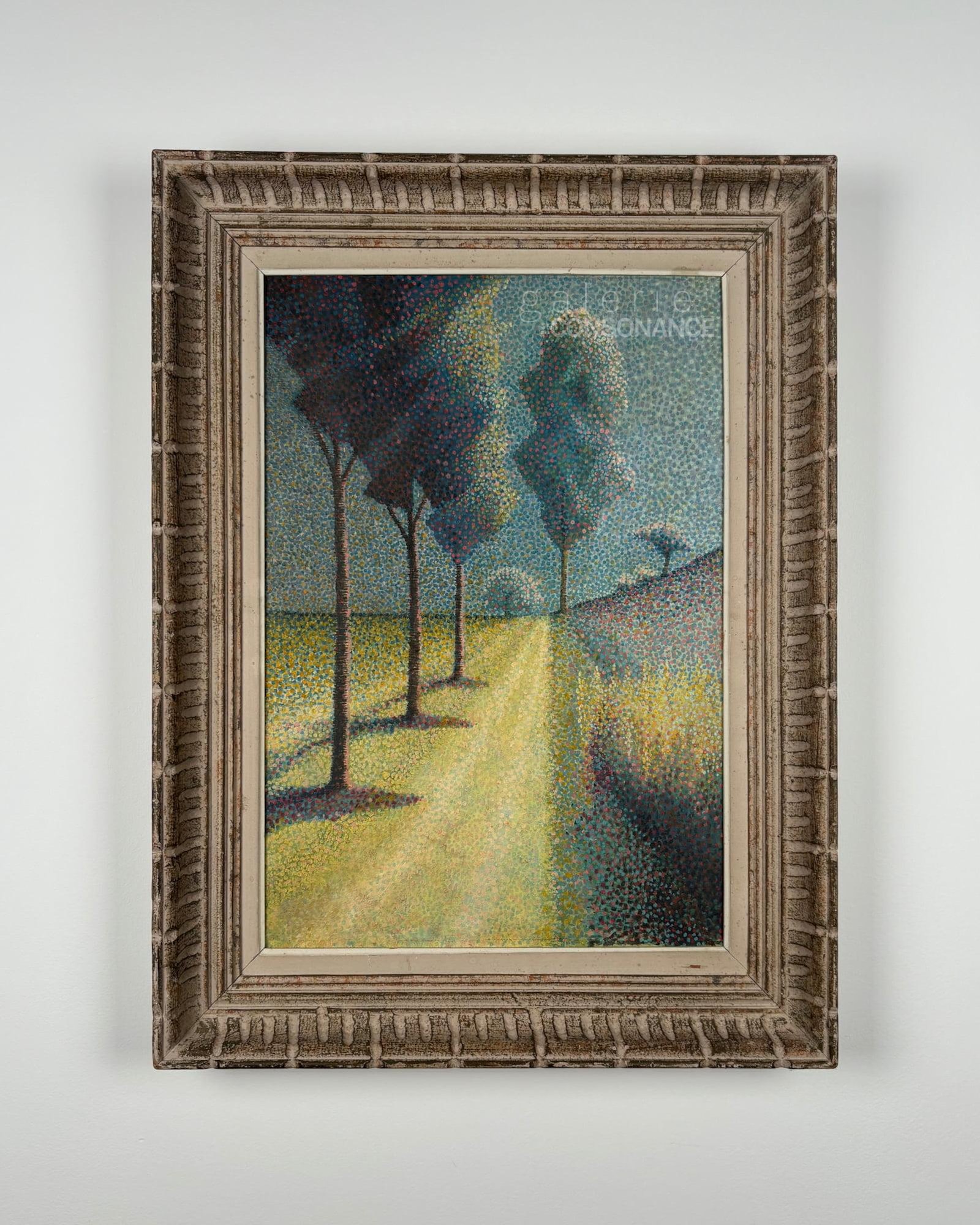 Paysage de l’école pointilliste du XXe siècle, huile sur toile, 54,5 x 38,5 cm, présentée encadrée.