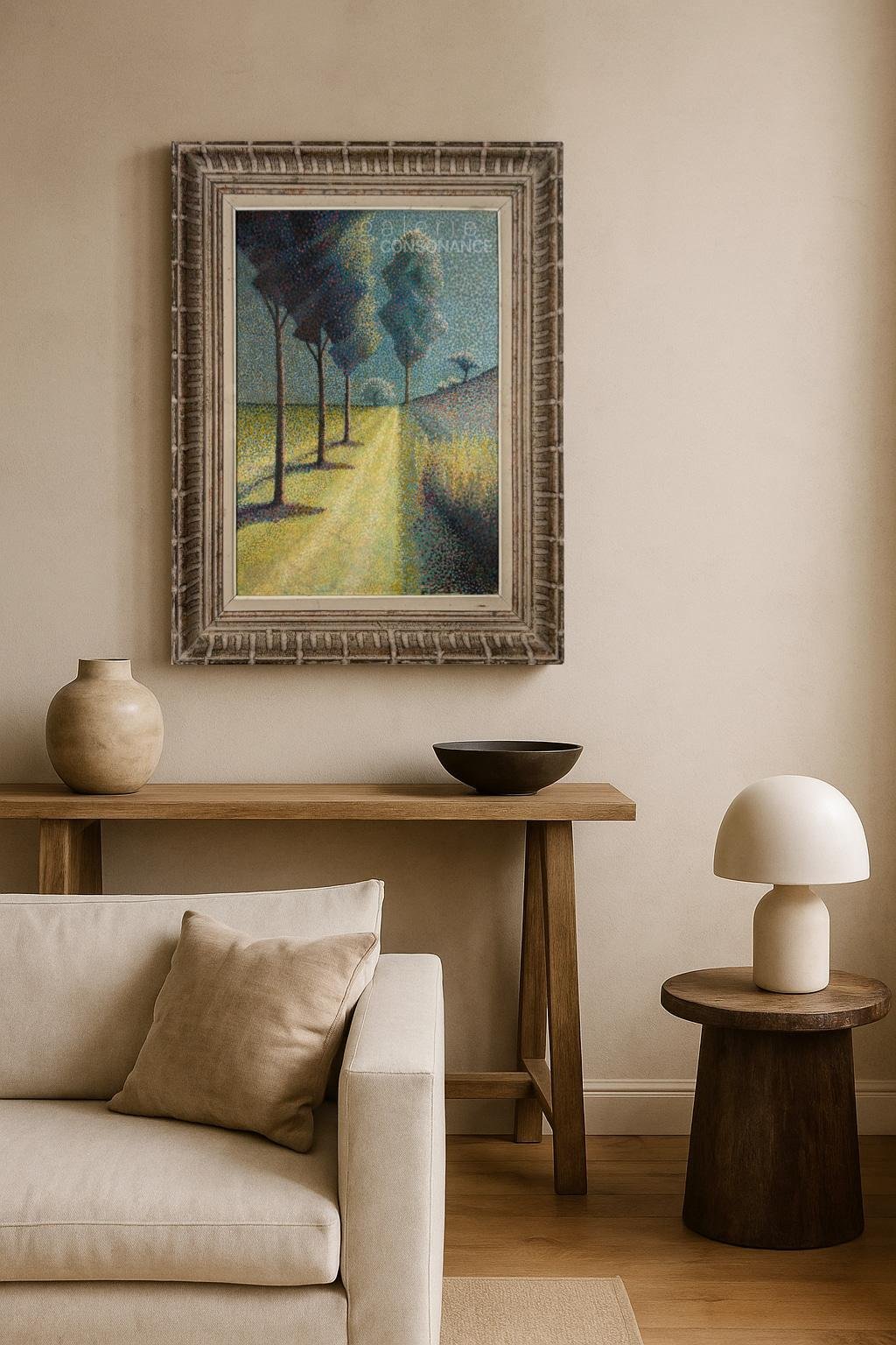 Paysage de l’école pointilliste du XXe siècle, huile sur toile, 54,5 x 38,5 cm, présentée encadrée, mise en situation dans un intérieur.
