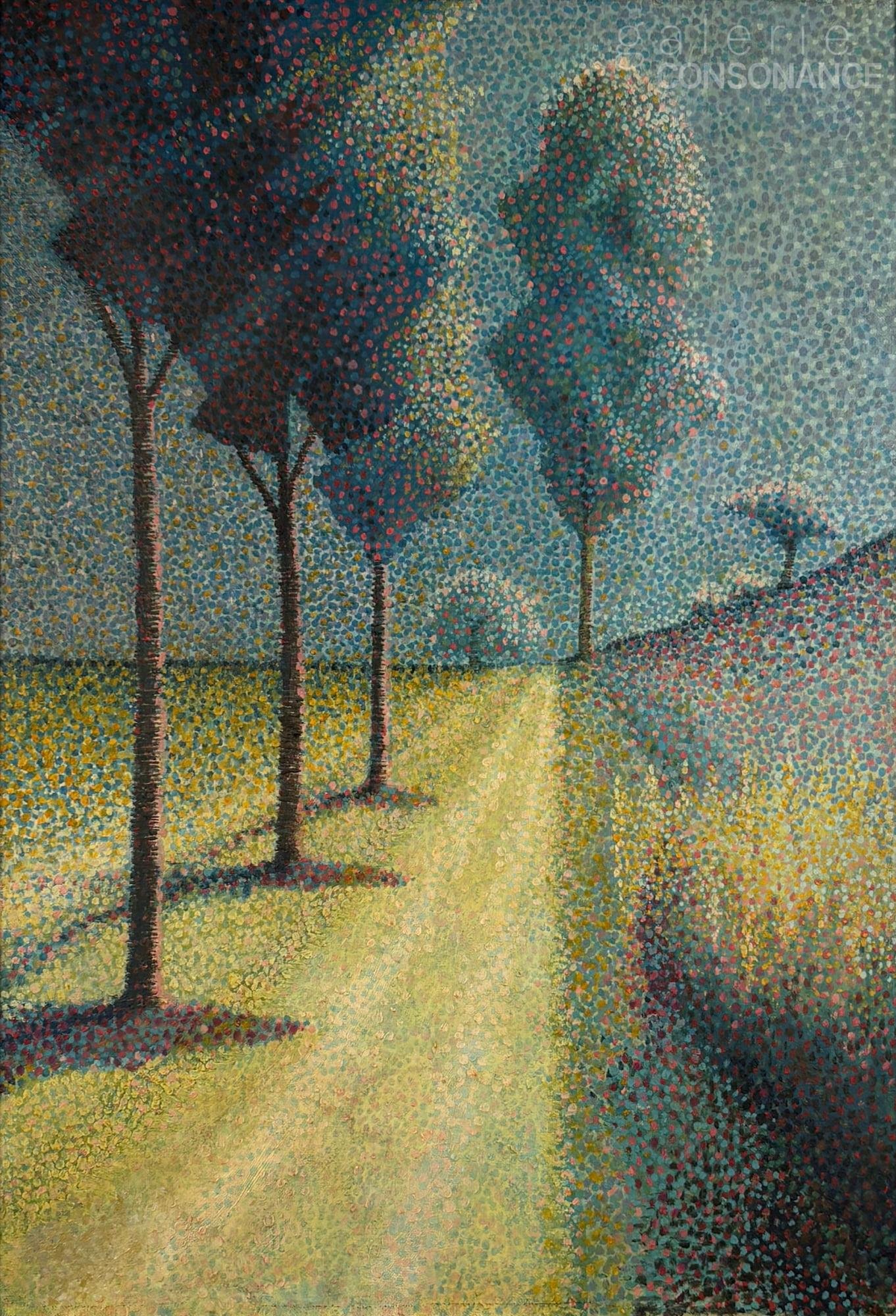 Paysage de l’école pointilliste du XXe siècle, huile sur toile, 54,5 x 38,5 cm.