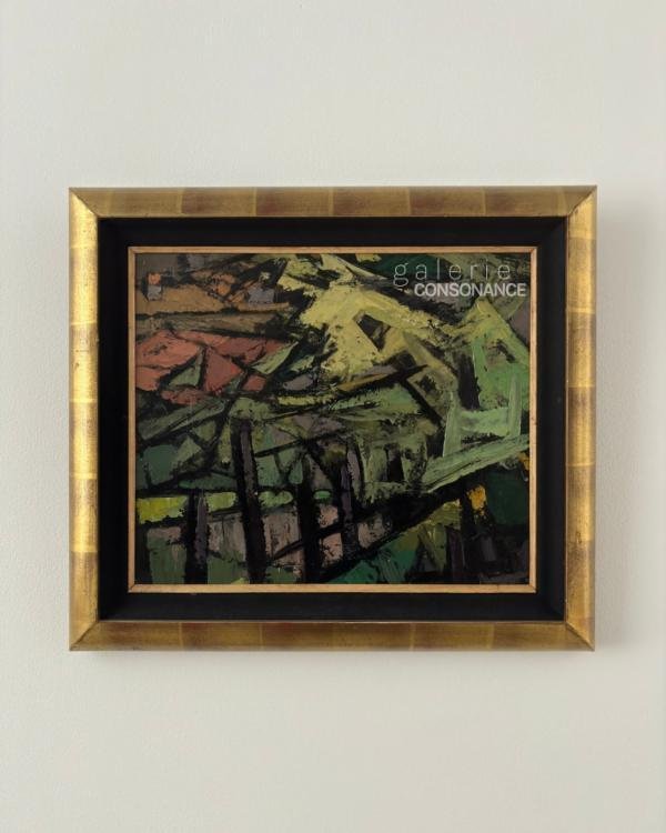Composition abstraite de Frédéric Fiebig (1885-1953), huile sur carton contrecollé sur toile, 35 x 41 cm, présentée encadrée.