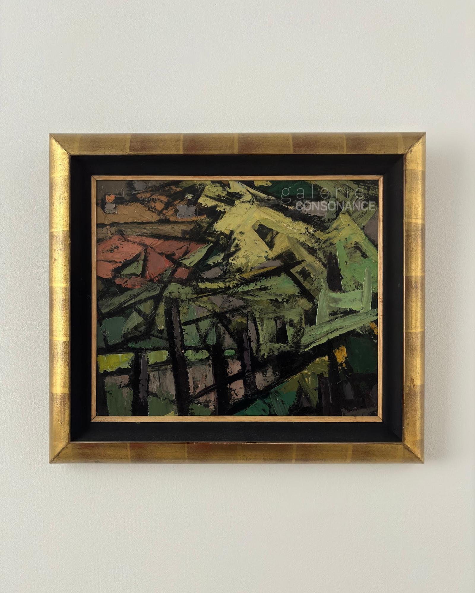 Composition abstraite de Frédéric Fiebig (1885-1953), huile sur carton contrecollé sur toile, 35 x 41 cm, présentée encadrée.