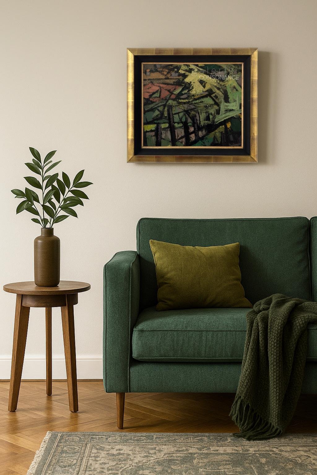 Composition abstraite de Frédéric Fiebig (1885-1953), huile sur carton contrecollé sur toile, 35 x 41 cm, mise en situation dans un intérieur.