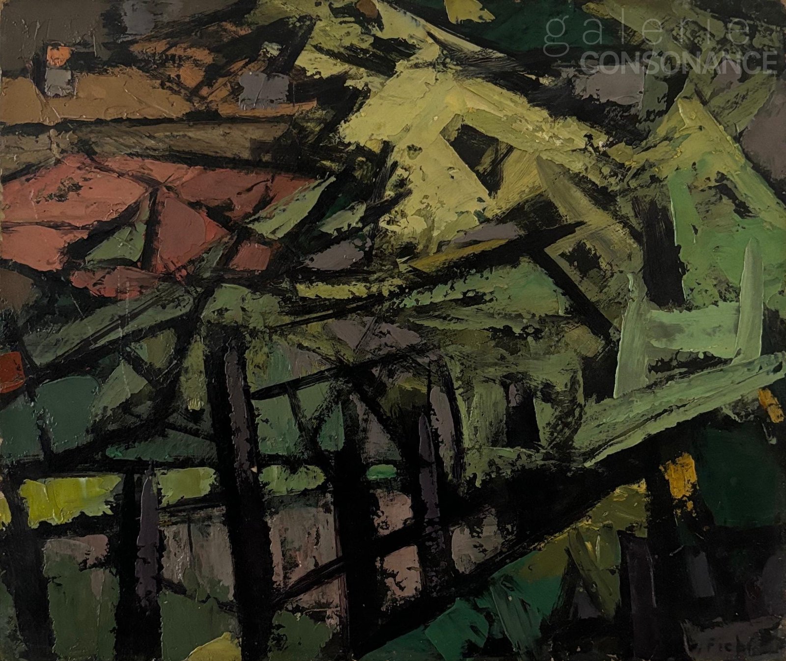 Composition abstraite de Frédéric Fiebig (1885-1953), huile sur carton contrecollé sur toile, 35 x 41 cm.