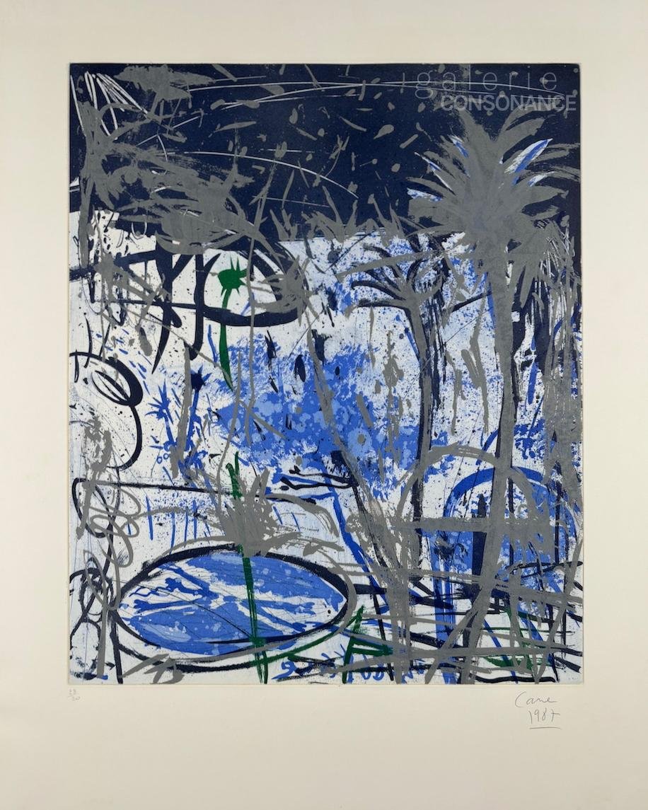 Gravure « Paysage de la petite Afrique » de Louis Cane (1943-2024), eau-forte sur papier vélin, réalisée en 1987, 76 x 56,5 cm, présentée avec ses marges.