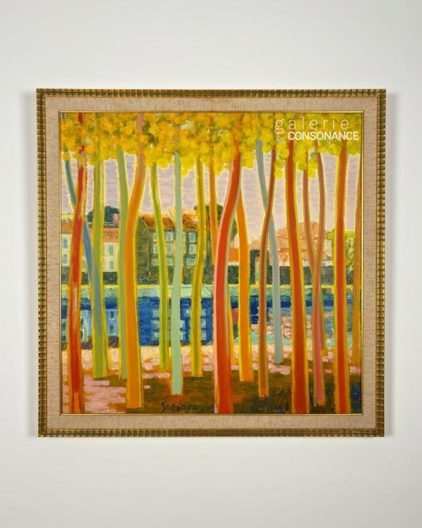 « Paysage à Moret-sur-Loing » de Taneo Suénaga (1913-2009), huile sur toile, réalisée en 1973, 79,5 x 79,5 cm, présentée encadrée.