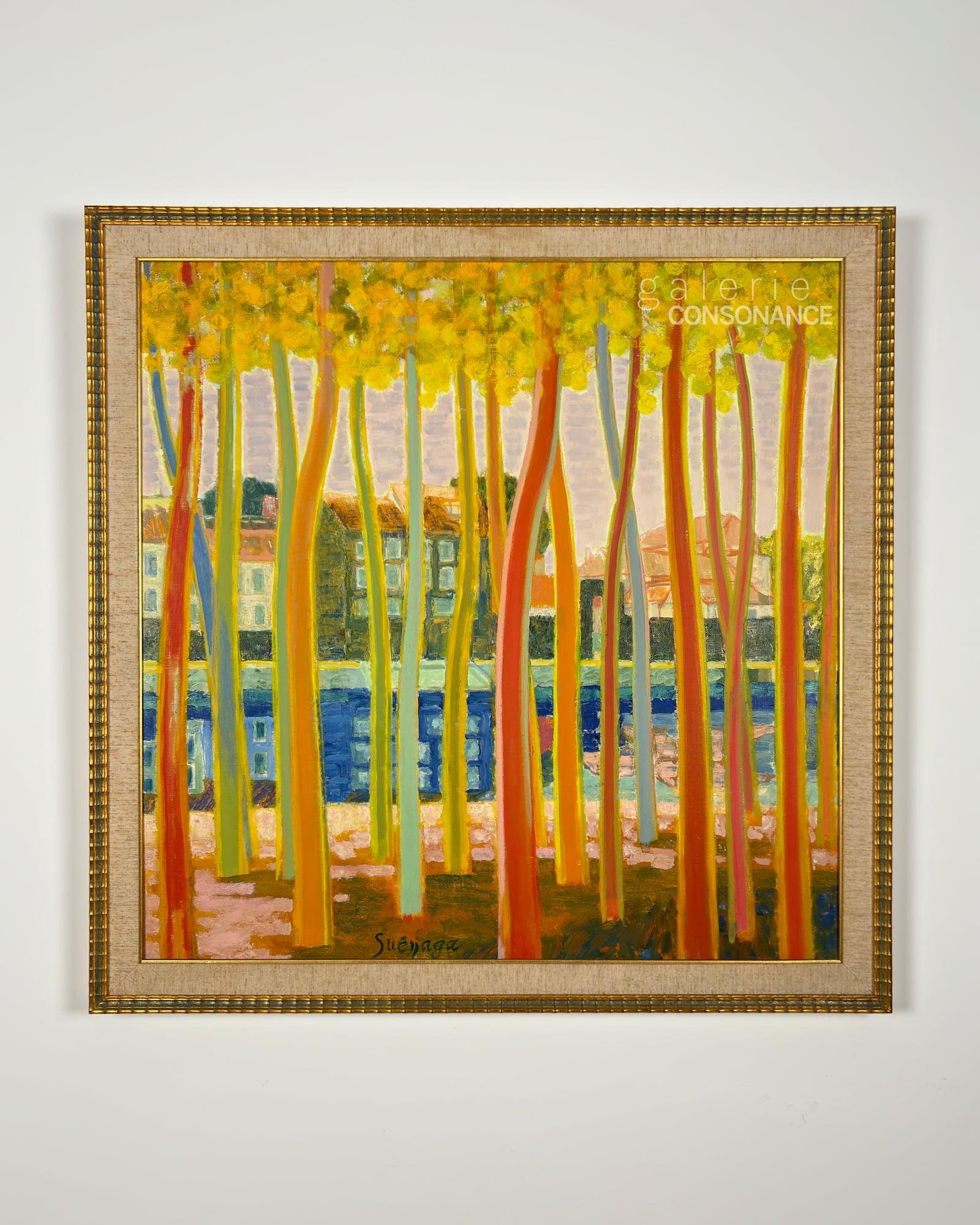 « Paysage à Moret-sur-Loing » de Taneo Suénaga (1913-2009), huile sur toile, réalisée en 1973, 79,5 x 79,5 cm, présentée encadrée.