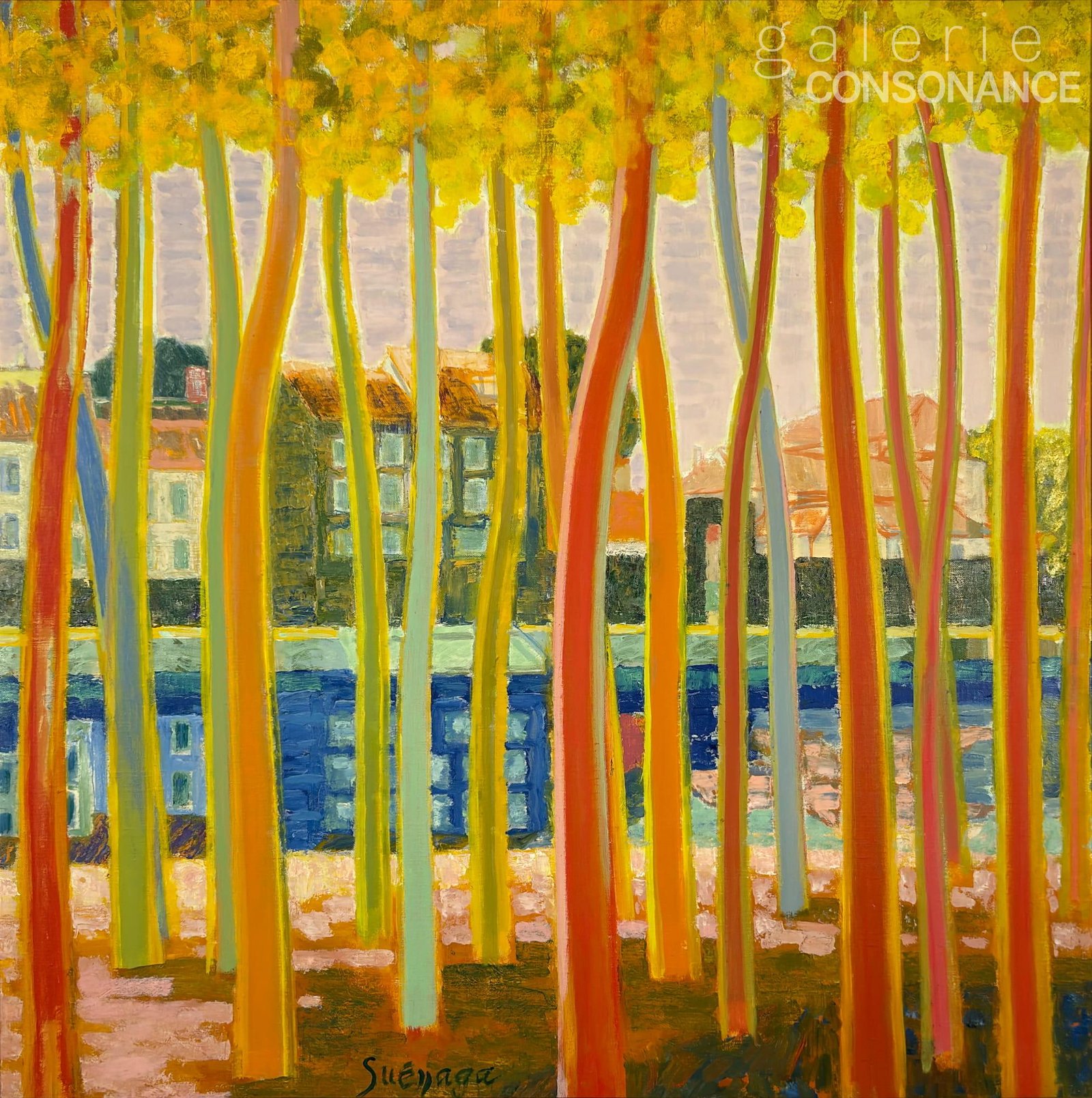 « Paysage à Moret-sur-Loing » de Taneo Suénaga (1913-2009), huile sur toile, réalisée en 1973, 79,5 x 79,5 cm.
