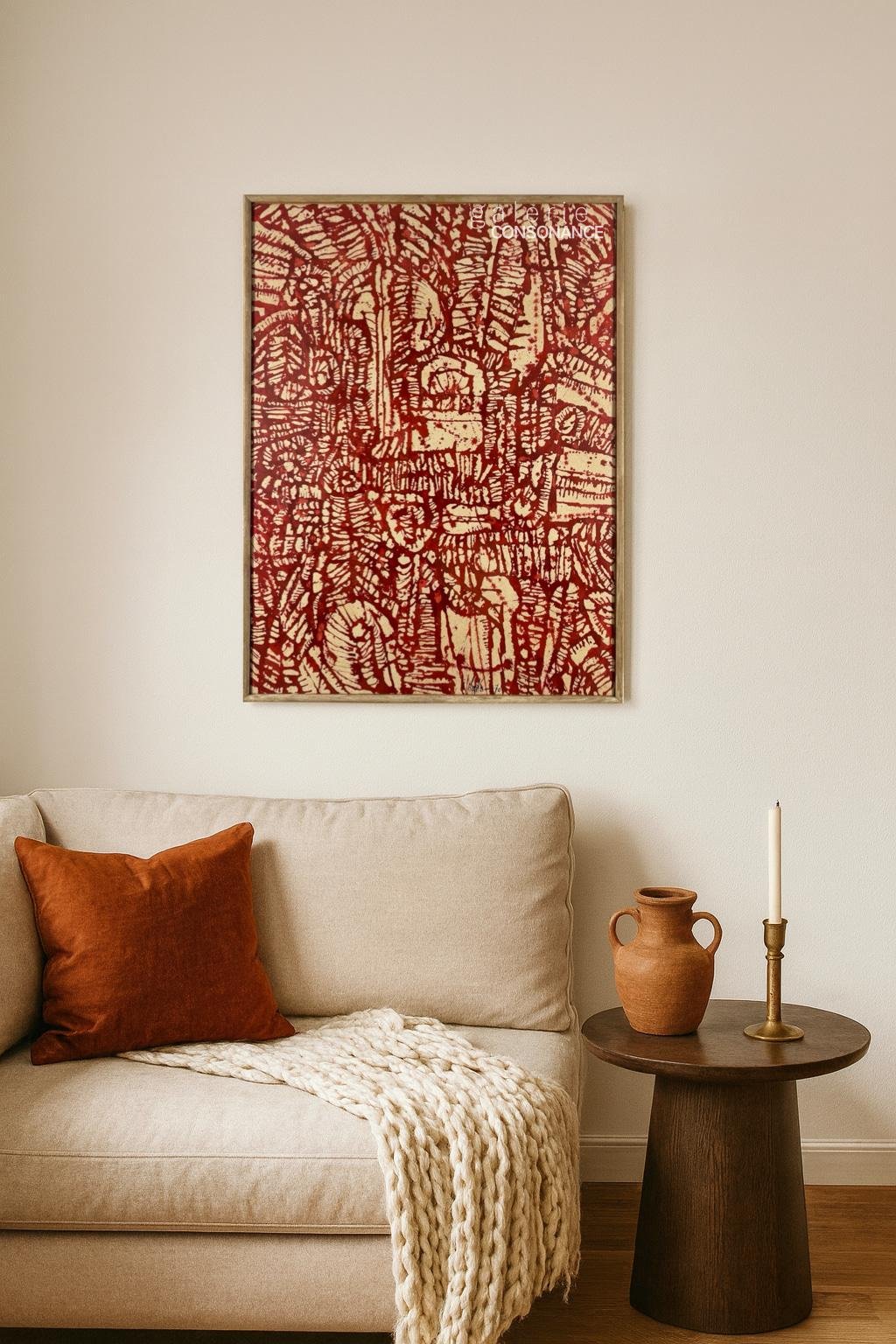 « Dessin aquarelle n°71bis » de Victor Laks (1924-2011), encre rouge sur papier, réalisée en 1970, 76,5 x 56,5 cm, mise en situation dans un intérieur.