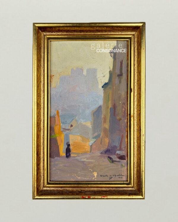 « Nantes soleil couchant » de Jules Ponceau (1881-1961), huile sur carton, réalisée en 1909, 20 x 11 cm, présentée encadrée.