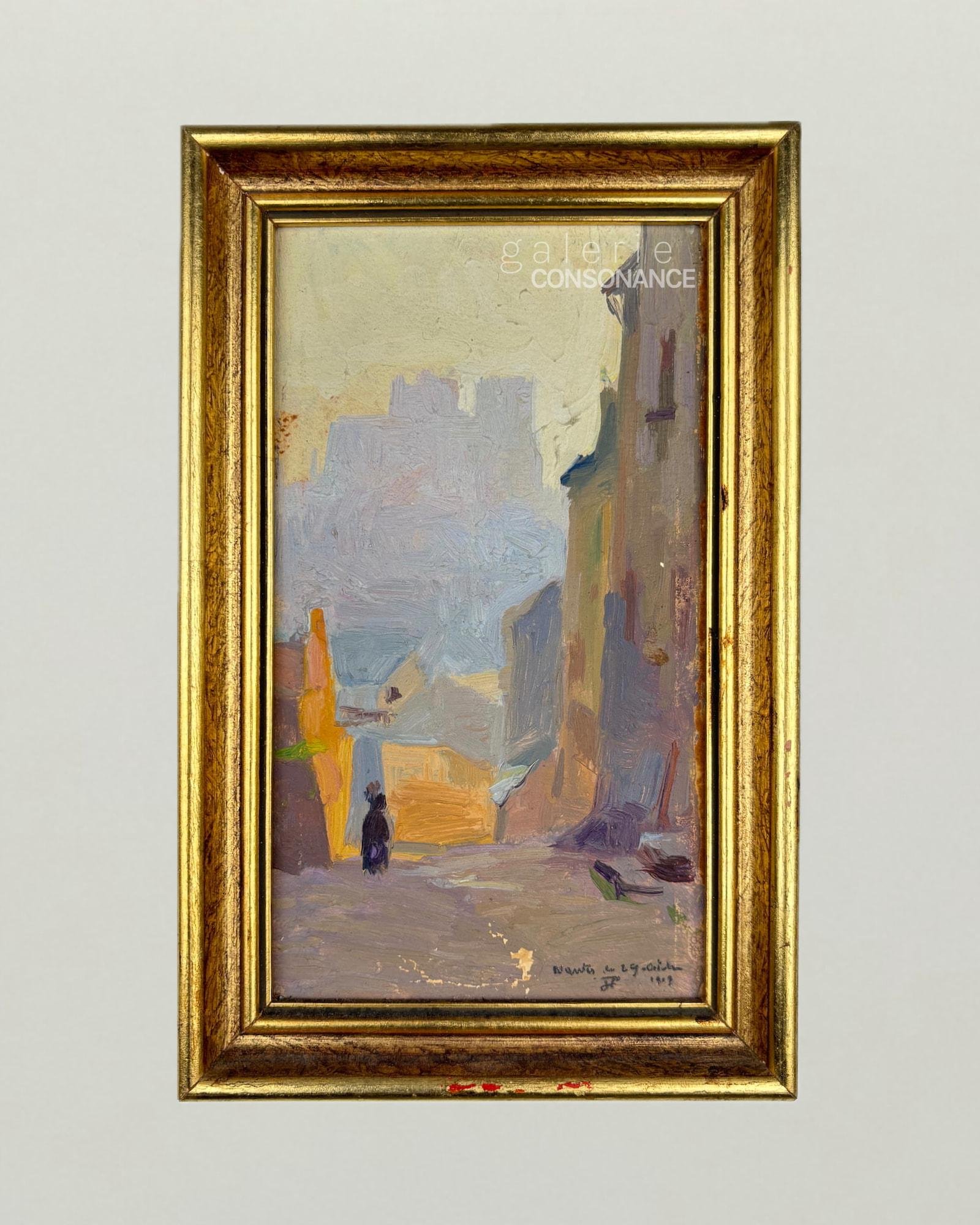 « Nantes soleil couchant » de Jules Ponceau (1881-1961), huile sur carton, réalisée en 1909, 20 x 11 cm, présentée encadrée.