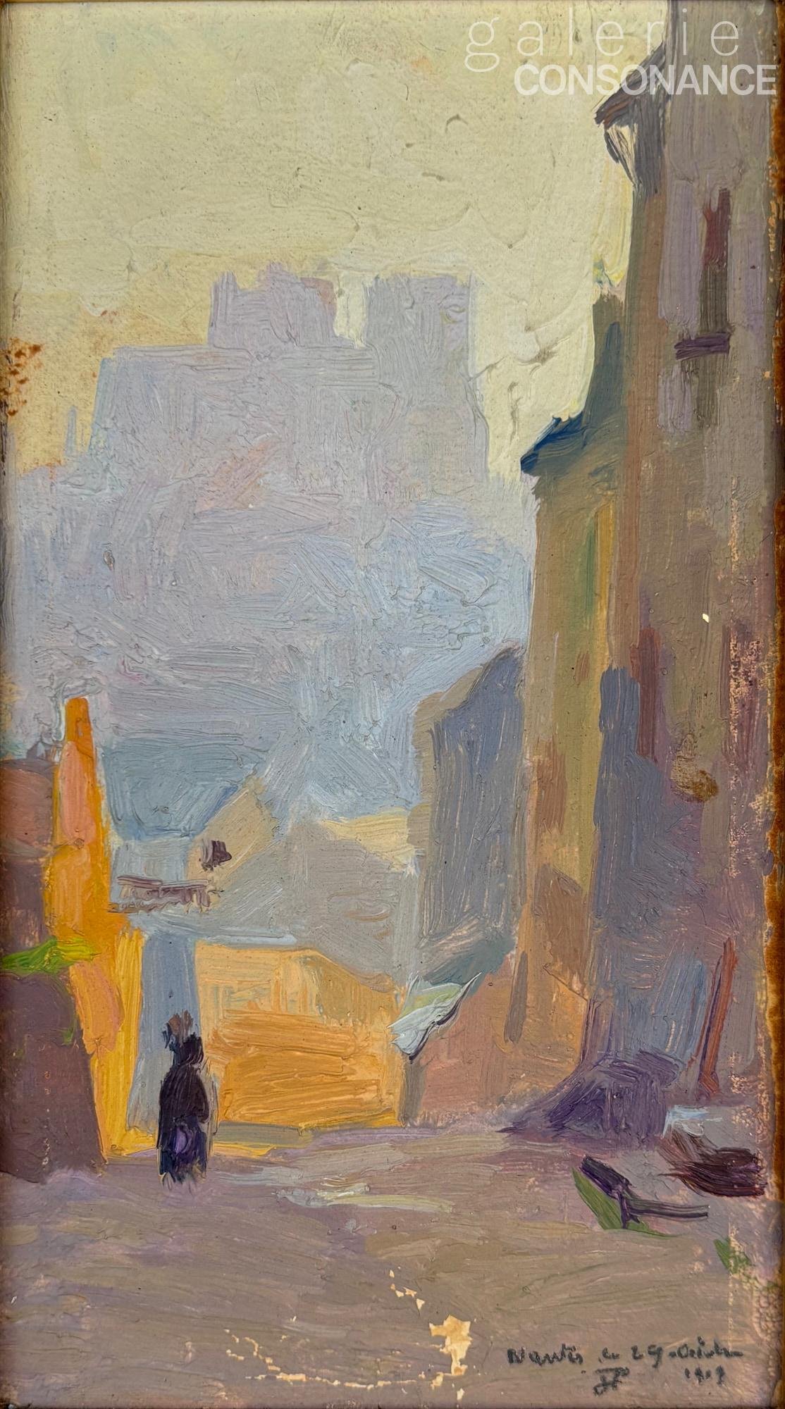 « Nantes soleil couchant » de Jules Ponceau (1881-1961), huile sur carton, réalisée en 1909, 20 x 11 cm.