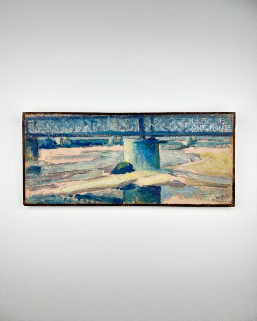 « Pont sur la Loire » de Charles Malfray (1887-1940), huile sur carton marouflée sur panneau, 22 x 50 cm, présentée sur son panneau.