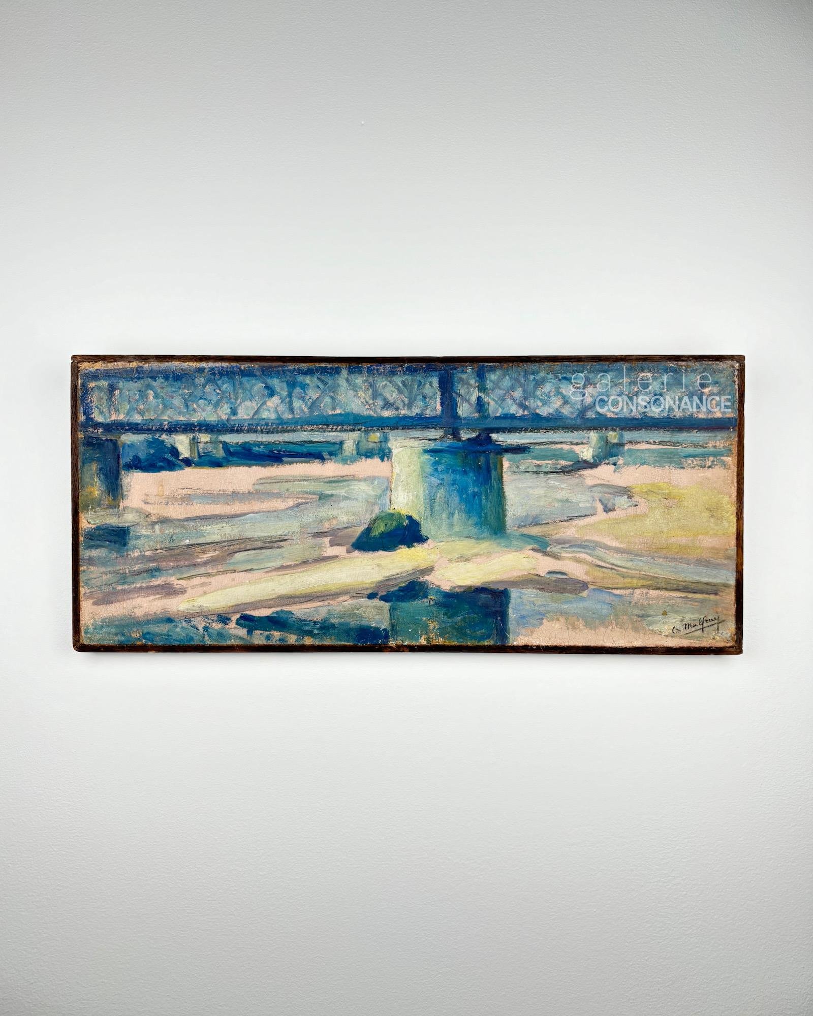 « Pont sur la Loire » de Charles Malfray (1887-1940), huile sur carton marouflée sur panneau, 22 x 50 cm, présentée sur son panneau.