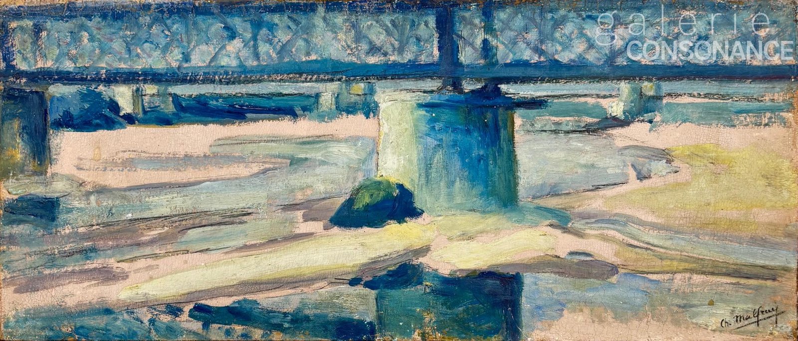 « Pont sur la Loire » de Charles Malfray (1887-1940), huile sur carton marouflée sur panneau, 22 x 50 cm.